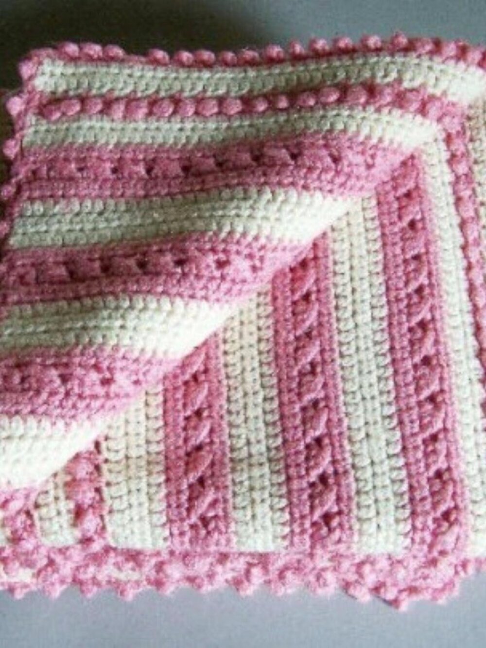 Crocheted Afghan: Pink & Cream Cable Stitch Blanket Throw (52 x 58")